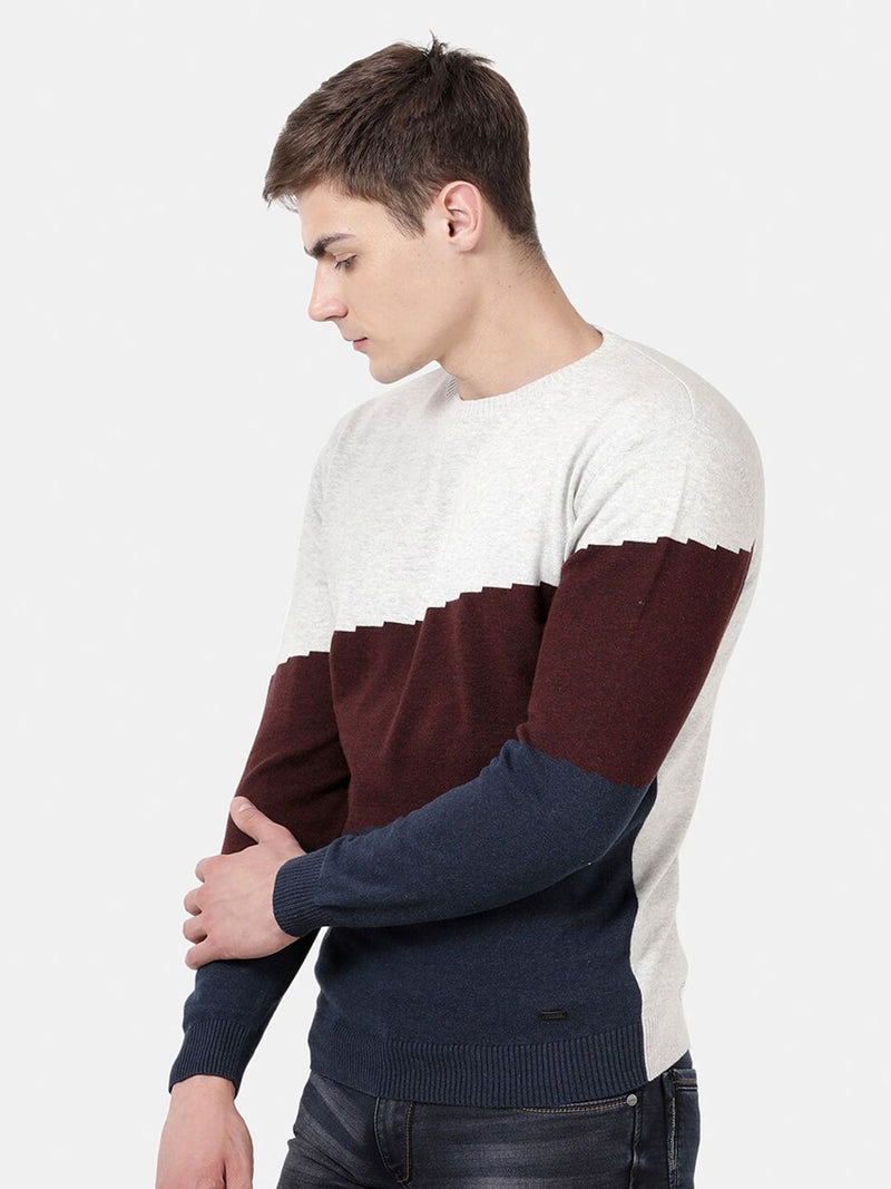 T-Base Men Maroon & Blue Colourblocked Pullover