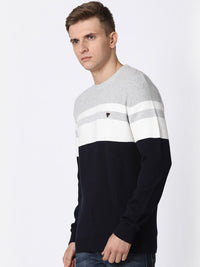 T-Base Men Navy Blue & Grey Striped Cotton Pullover