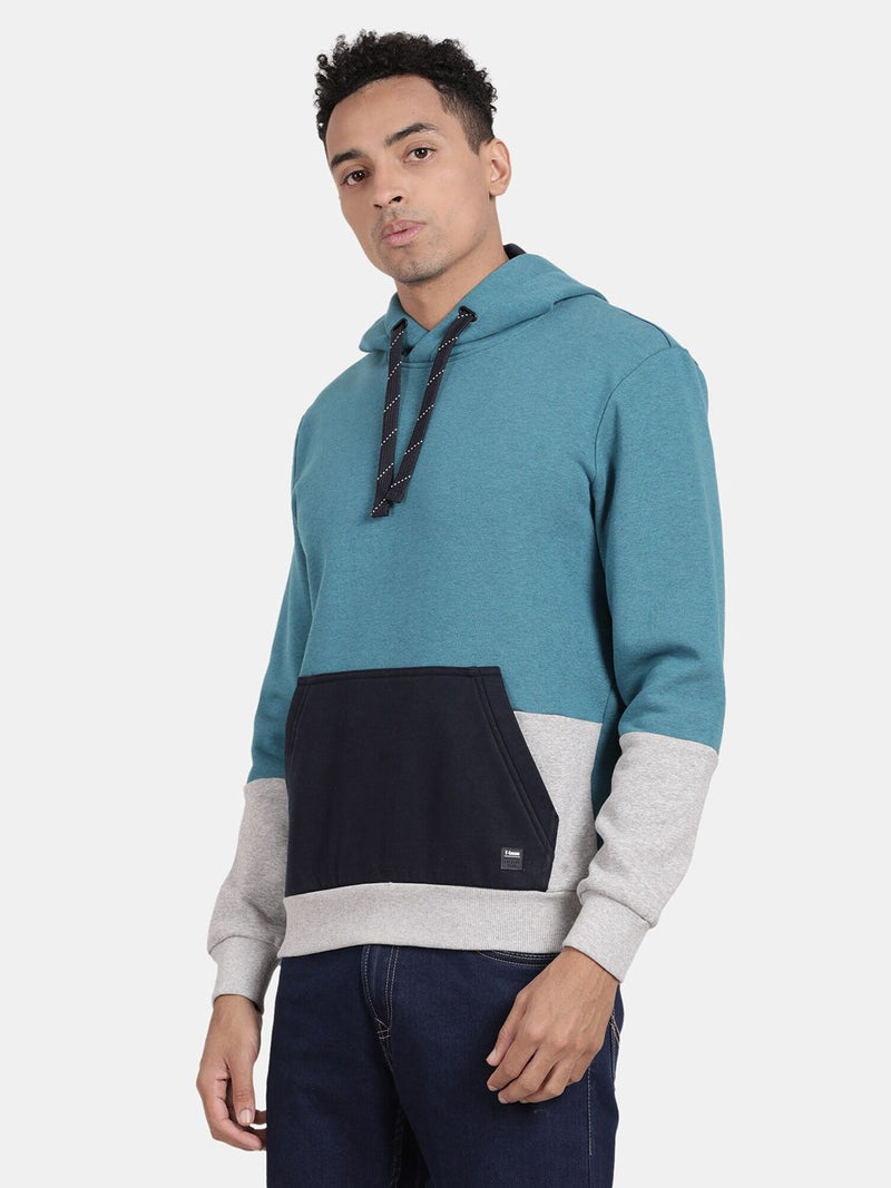 T-Base Colourblocked Ribbed Hooded Cotton Sweatshirt