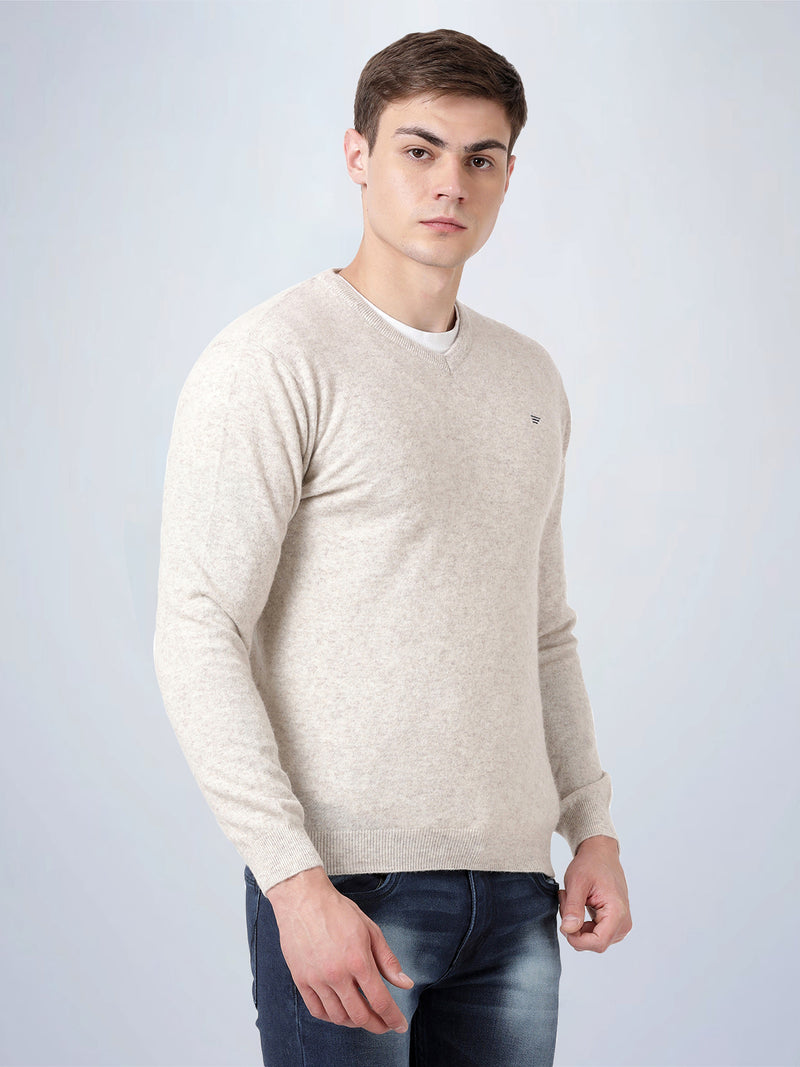 V Neck Lambswool Ecru Full Sleeve Pullover