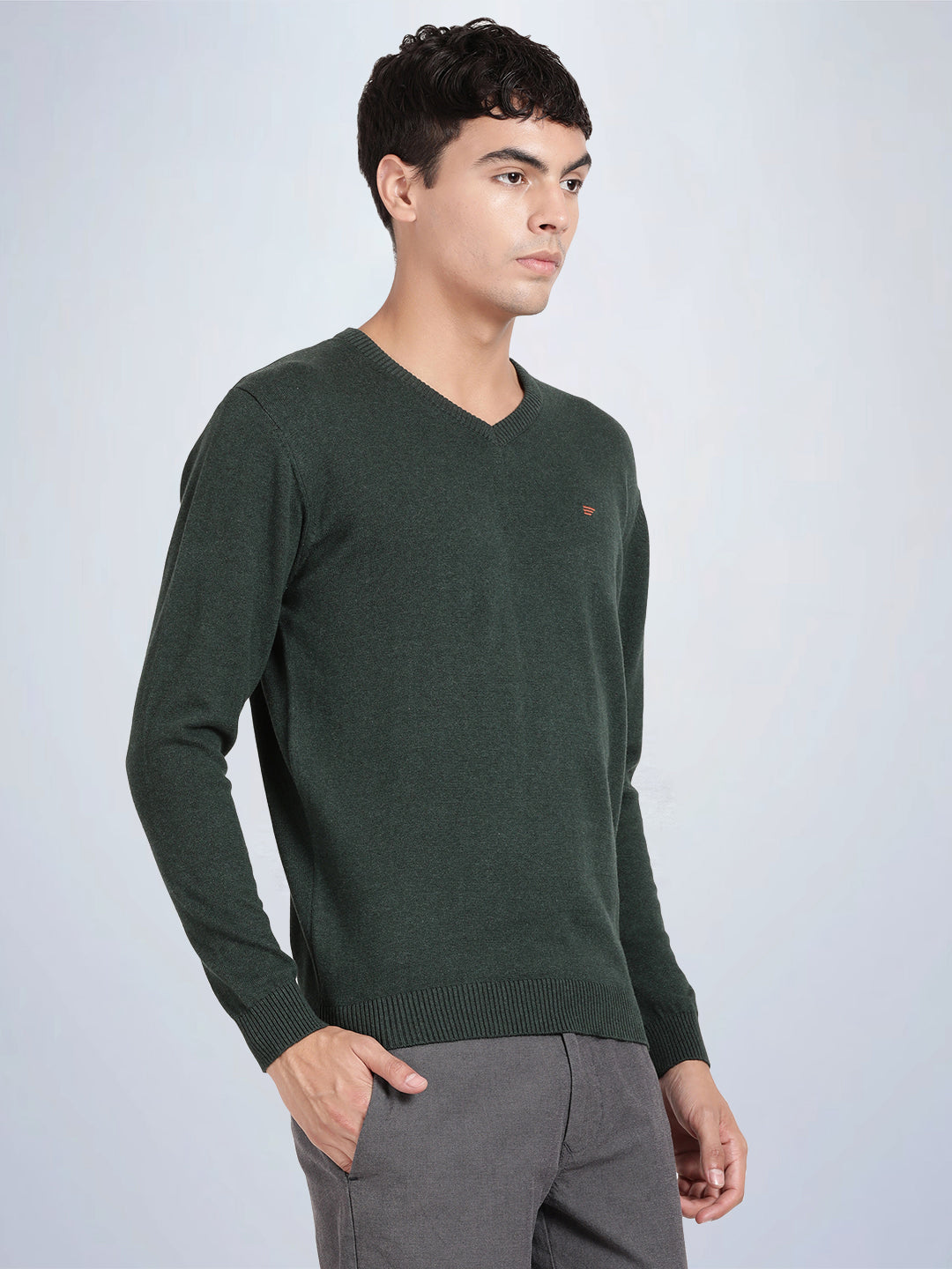 V Neck Dark Pine Melange Full Sleeve Pullover