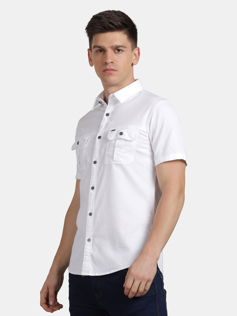 Half Sleeve White Stretch Military Shirt