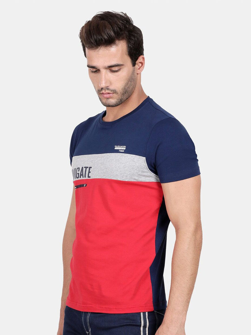 T-Base Men Blue Colourblocked Applique T-Shirt