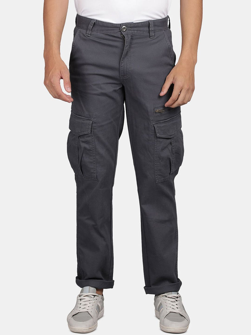 T-Base Men Mid-Rise Flat-Front Plain Zip Cotton Cargos Trouser