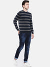 T-Base Men Navy Blue & Grey Striped Sweater