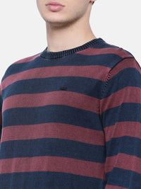 T-Base Men Blue & Maroon Striped Sweater