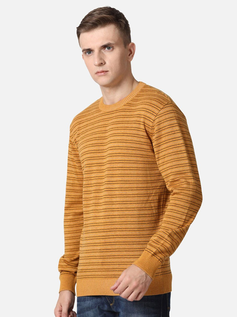 T-Base Men Orange & Black Striped Cotton Pullover