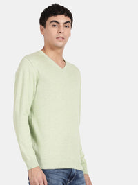 V Neck Meadow Green Melange Full Sleeve Pullover