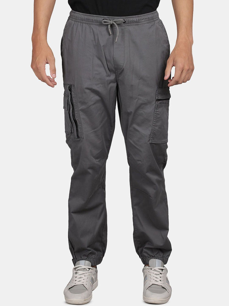 T-Base Men Mid-Rise Flat-Front Plain Drawstring Cotton Cargos Jogger