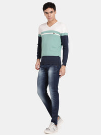 V Neck Full Sleeve Ocean Wave Color Blocked Pullover