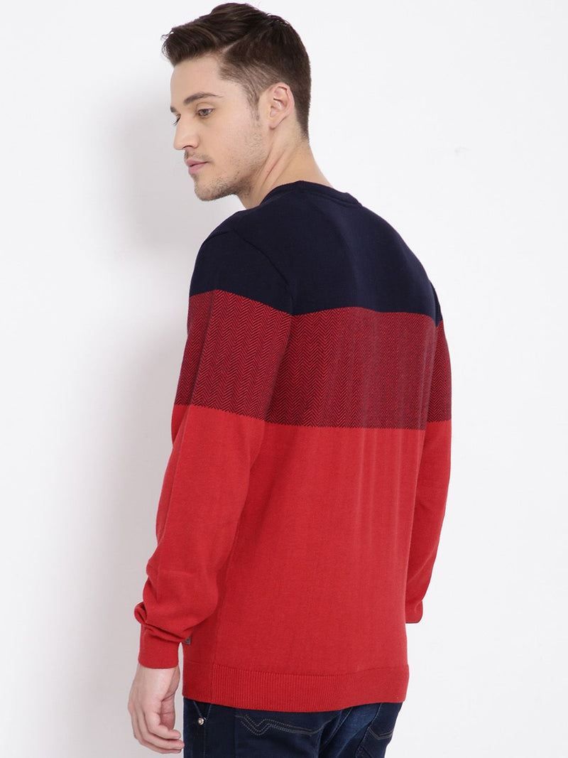 T-Base Men Red & Navy Blue Colourblocked Pullover Sweater