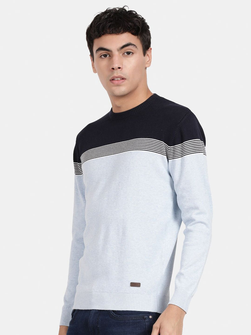 Crew Neck Full Sleeve Aqua Melange Color Blocked Pullover