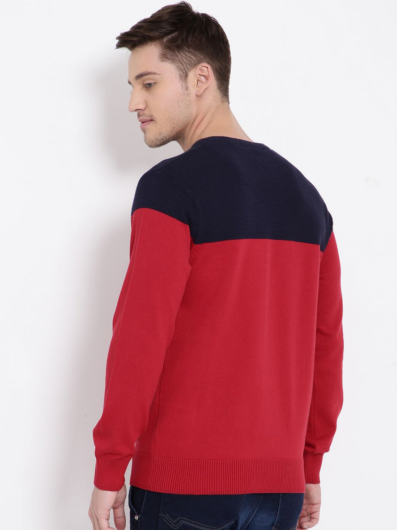 T-Base Men Red & Navy Blue Colourblocked Pullover Sweater