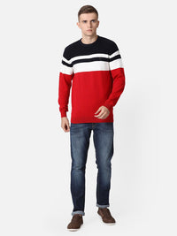 T-Base Men Red & White Colourblocked Cotton Pullover