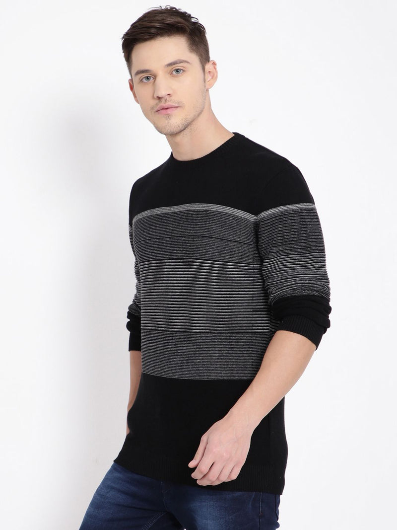 T-Base Men Black & Grey Striped Pullover Sweater