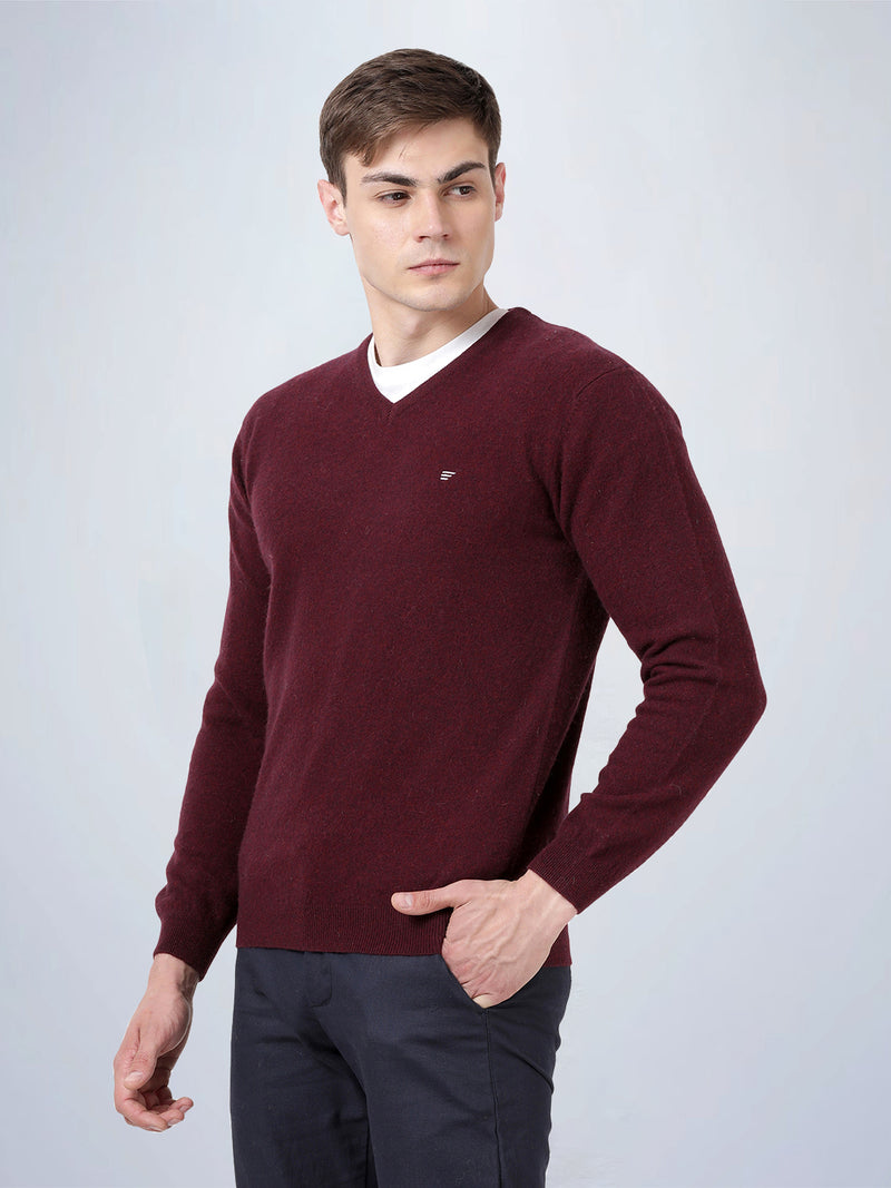 V Neck Lambswool Wine Full Sleeve Pullover