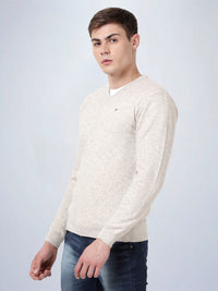 V Neck Lambswool Ecru Full Sleeve Pullover