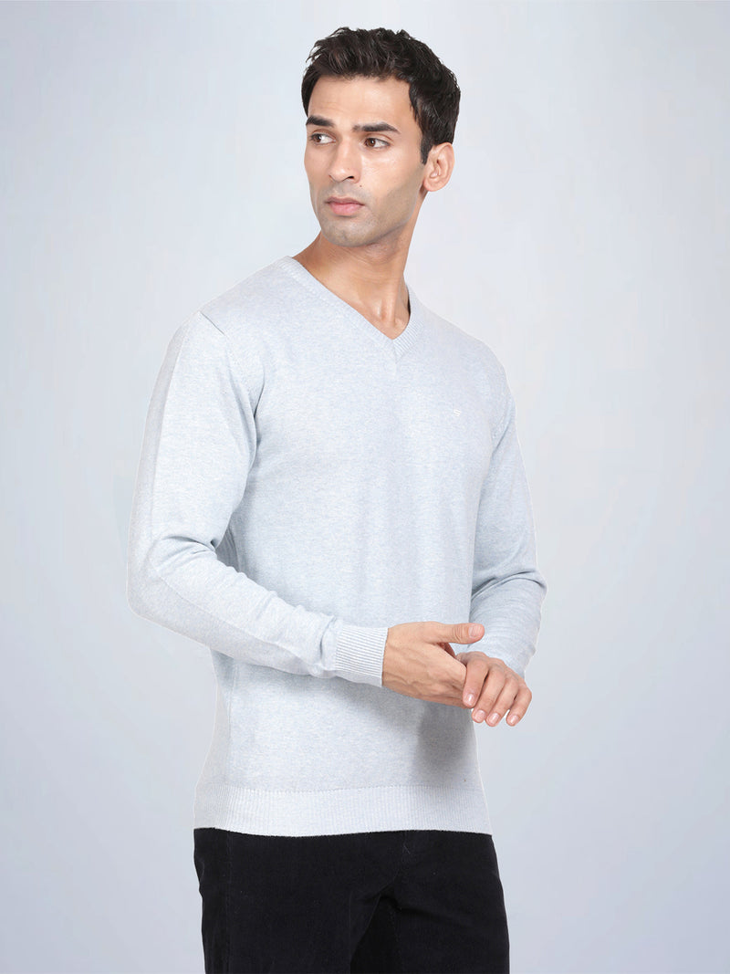 V Neck Sky Blue Melange Full Sleeve Pullover