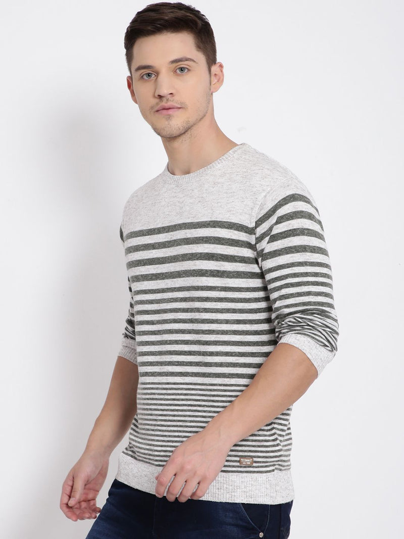 T-Base Men Olive Green & Off-White Striped Pullover Sweater