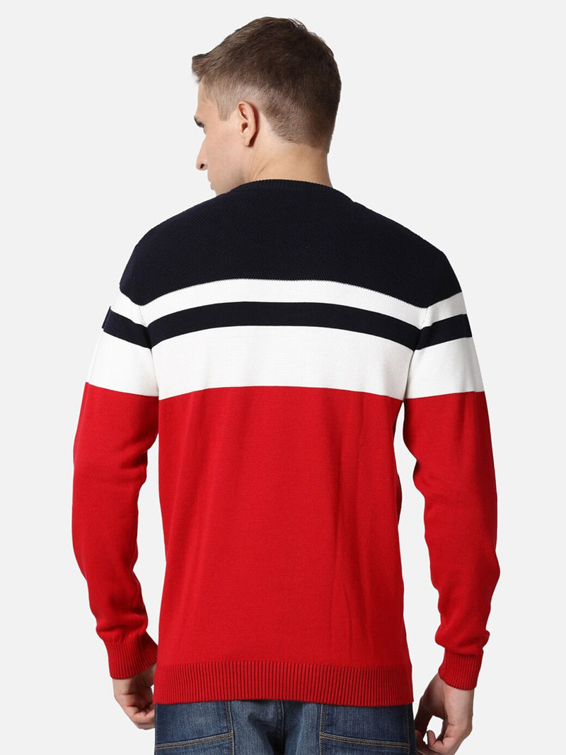 T-Base Men Red & White Colourblocked Cotton Pullover