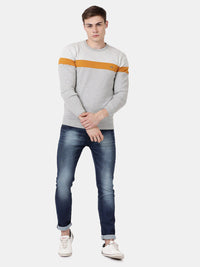 T-Base Men Grey & Orange Striped Pullover