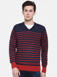 T-Base Men Blue & Maroon Striped Sweater