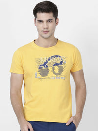 T-Base Men Yellow Printed Round Neck Cotton Pure Cotton T-Shirt