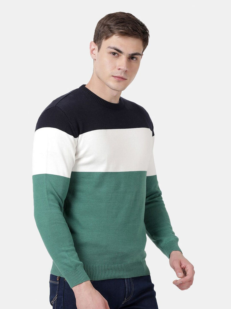 T-Base Men Green & Black Colourblocked Striped Pullover