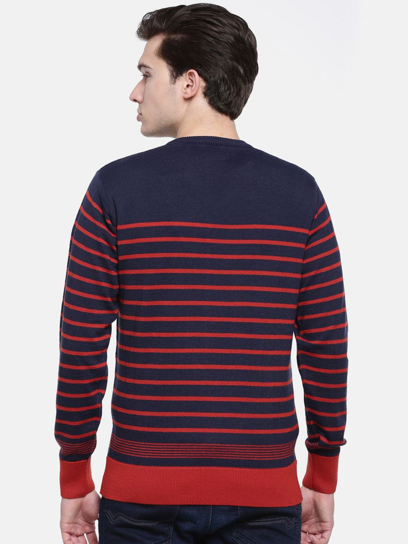 T-Base Men Blue & Maroon Striped Sweater