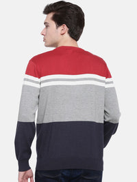 T-Base Men Grey & Red Striped Sweater