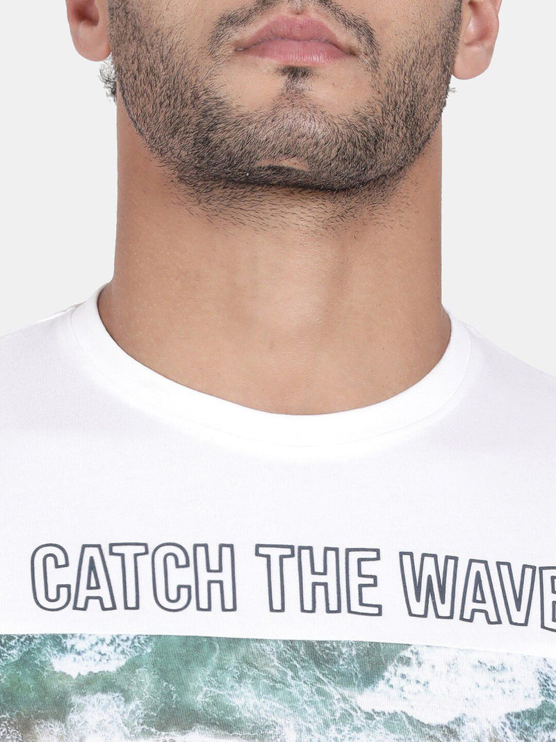 T-Base Men Off White Printed Cotton T-Shirt