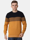 T-Base Men Mustard & Black Striped Colourblocked Cotton Pullover