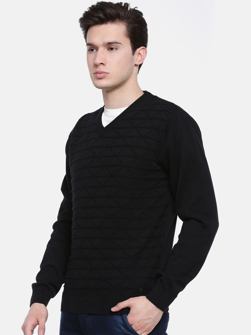 T-Base Men Black Self Design Sweater