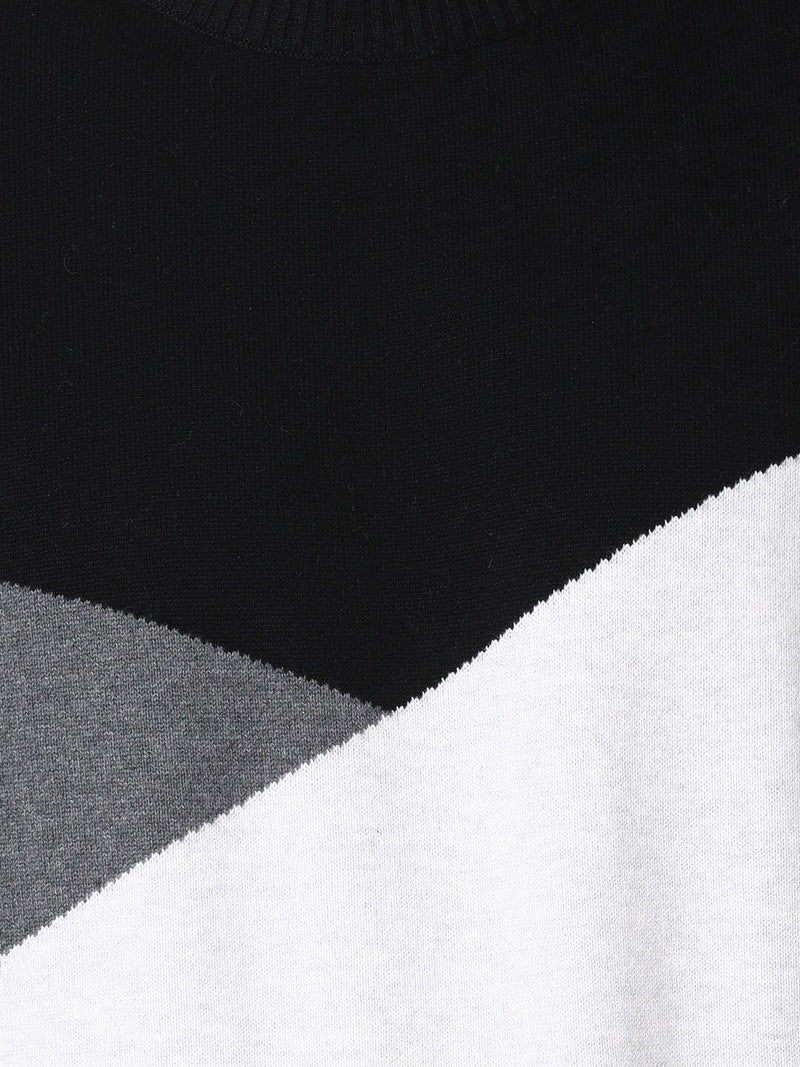 T-Base Men Black & White Colourblocked Cotton Pullover