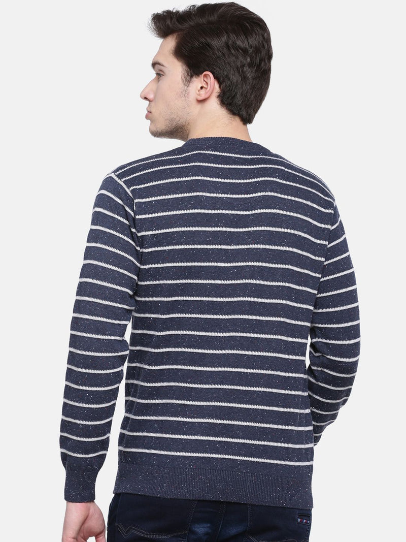 T-Base Men Navy Blue & White Striped Sweater