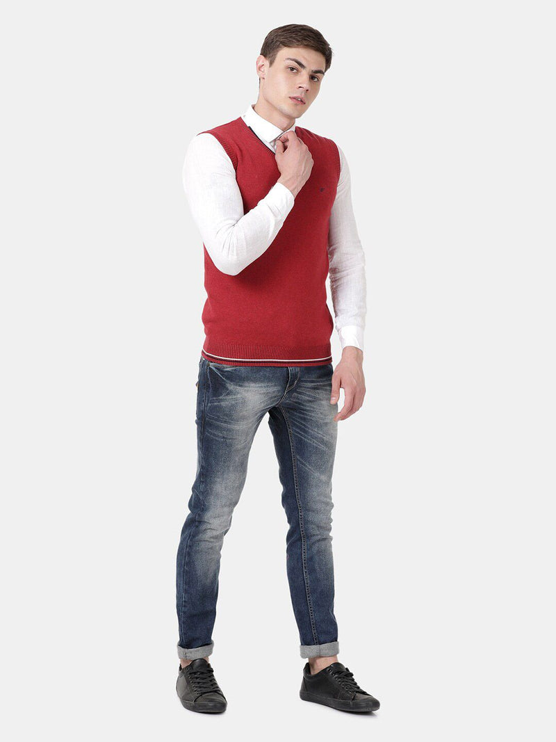 T-Base Men Red Half Sleeve Sweater Vest