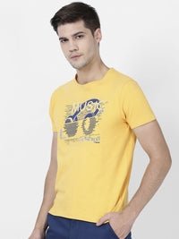 T-Base Men Yellow Printed Round Neck Cotton Pure Cotton T-Shirt