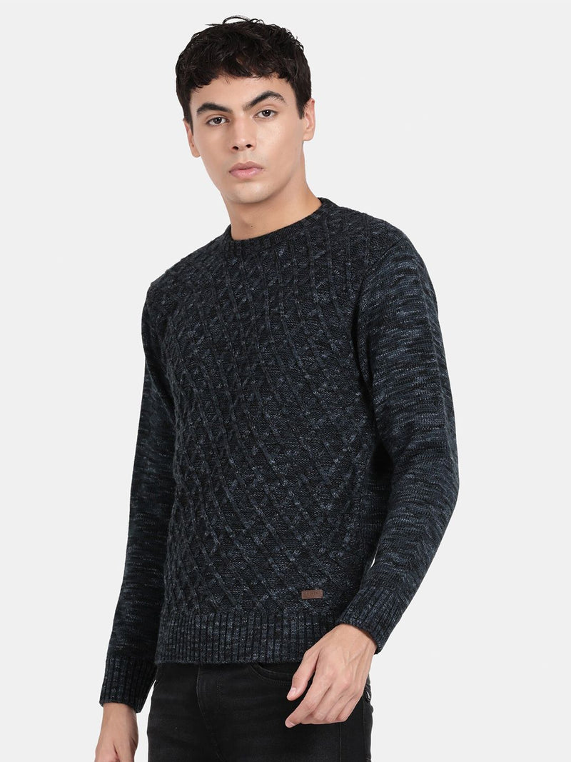 T-Base Geometric Self Design Ribbed Woollen Pullover Sweater