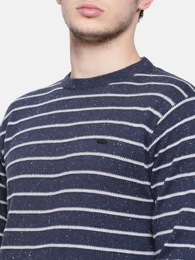 T-Base Men Navy Blue & White Striped Sweater