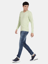 V Neck Meadow Green Melange Full Sleeve Pullover