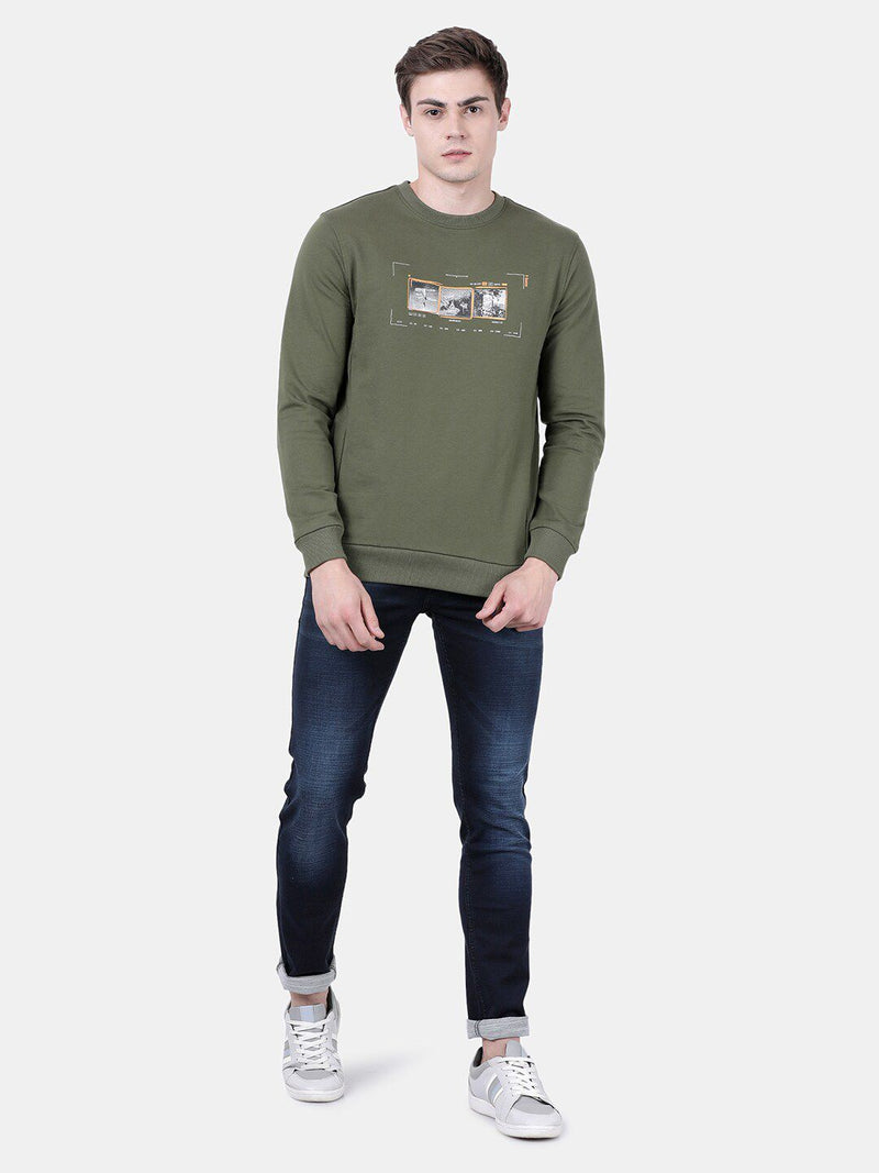 T-Base Men Olive Green Printed Sweatshirt