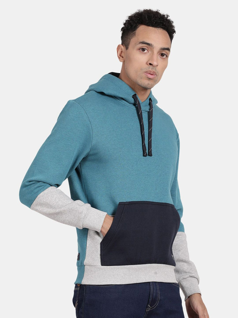 T-Base Colourblocked Ribbed Hooded Cotton Sweatshirt