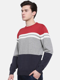 T-Base Men Grey & Red Striped Sweater