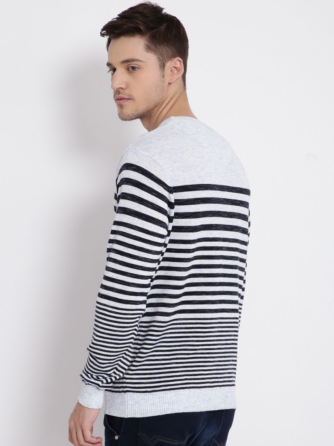 T-Base Men White & Black Striped Pullover Sweater