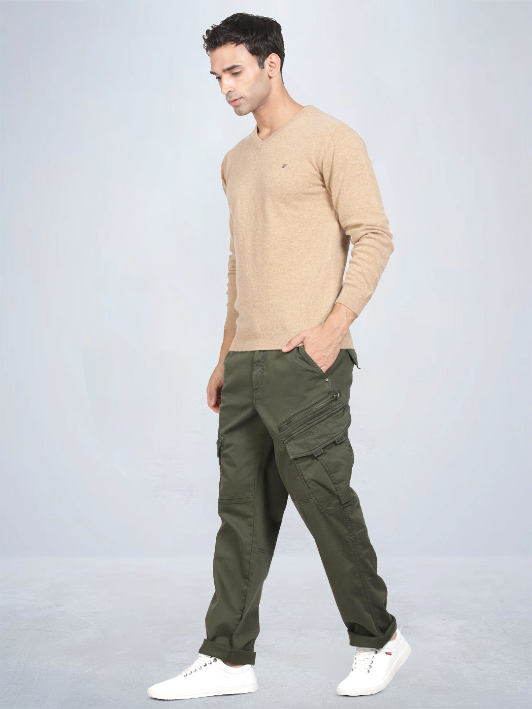 V Neck Lambswool Camel Full Sleeve Pullover