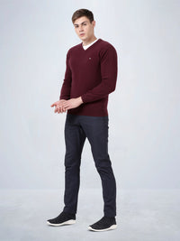 V Neck Lambswool Wine Full Sleeve Pullover