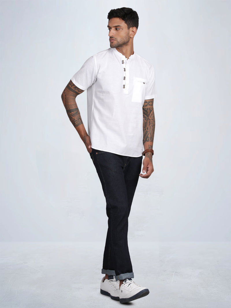 Half Sleeve White Cotton Kurta Linen Shirt