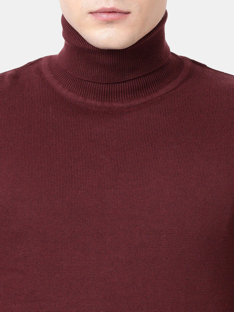 T-Base Men Maroon Turtle Neck Cotton Pullover