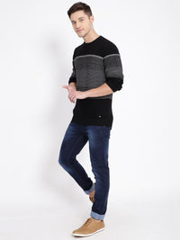 T-Base Men Black & Grey Striped Pullover Sweater