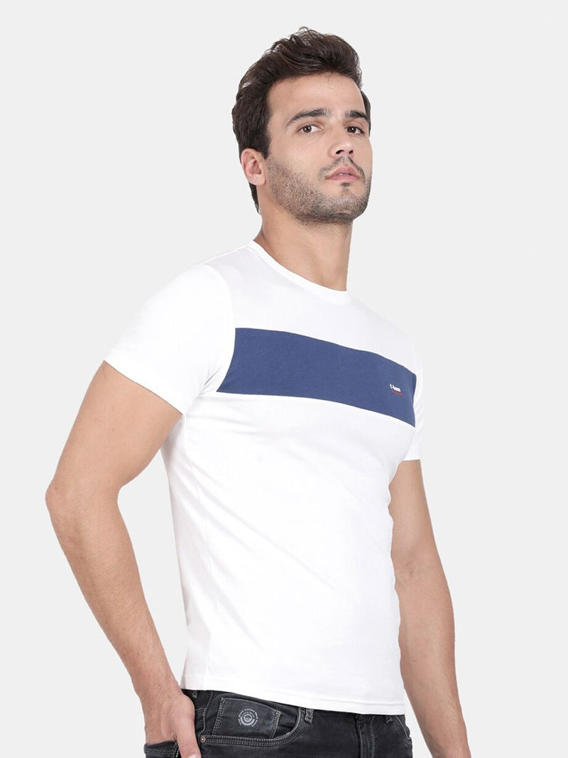 T-Base Men Off White Striped Slim Fit Cotton T-Shirt